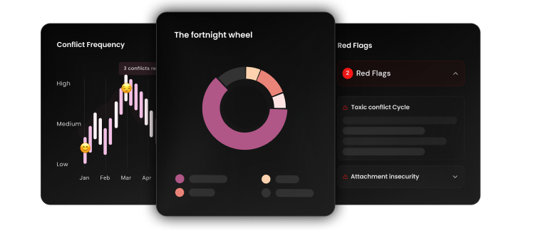Analysis dashboard showing conflict frequency, a fortnight chart, and relationship red flags